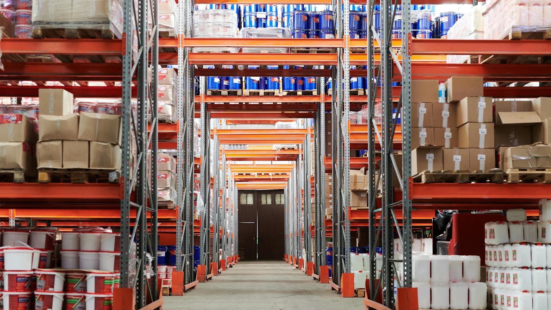 Warehouse with packages on shelves